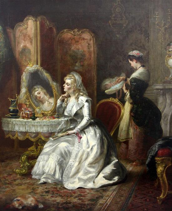 19th century French School Interior with lady sat at a dressing table, her maid beyond, 36 x 30in.